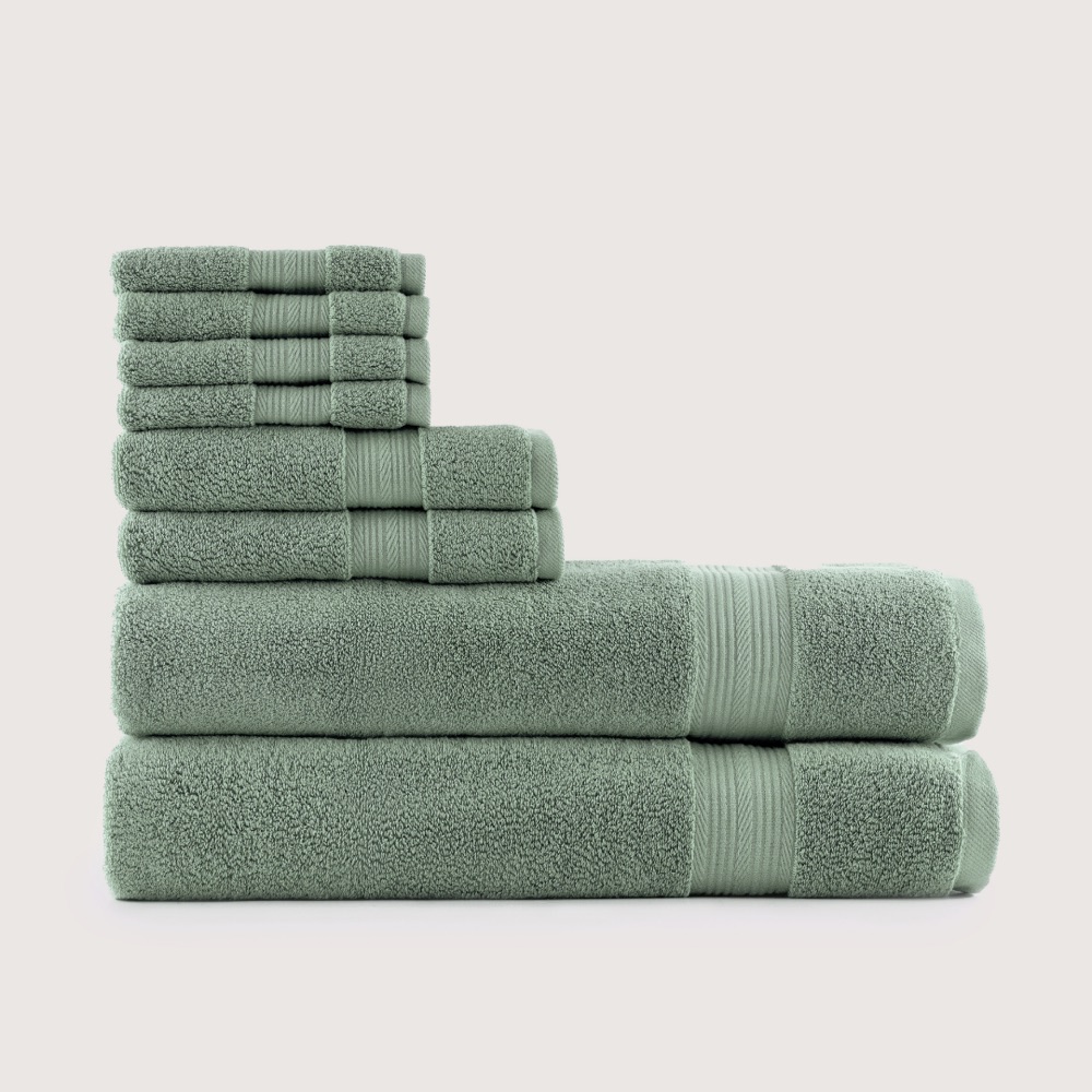 Bioreiv bath set in sage green: two bath towels, two hand towels and four washcloths, stacked