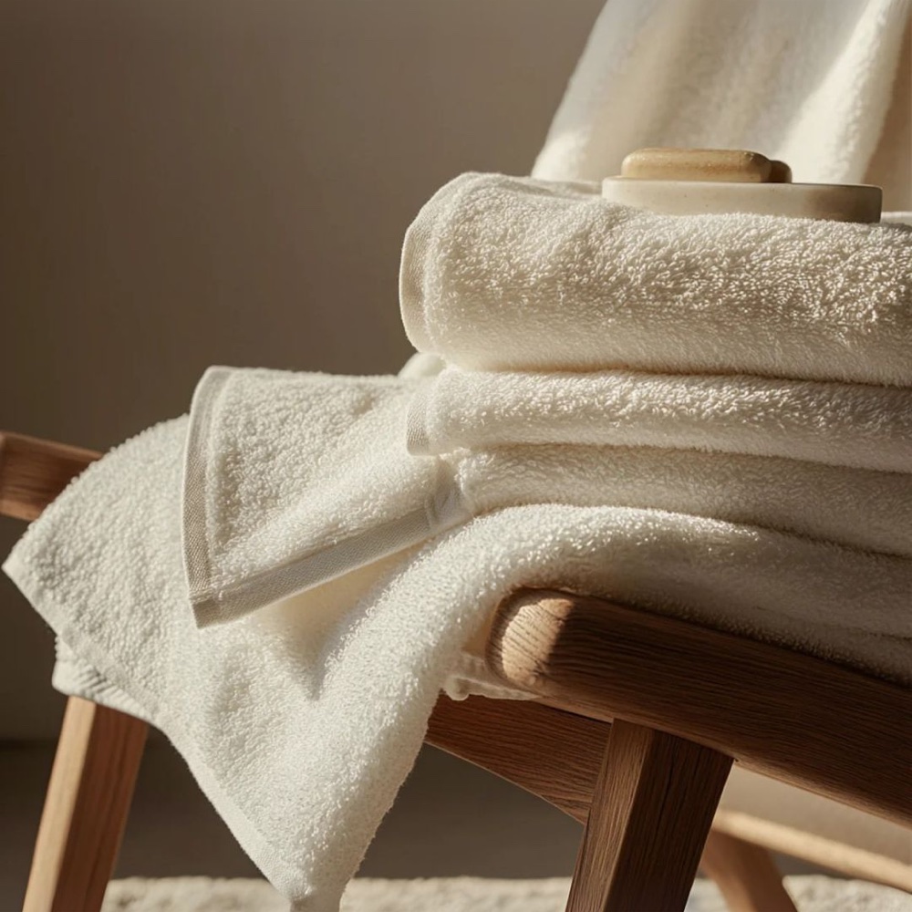 Folded ivory Bioreiv towels stacked on a wooden stool with a bar of soap on top